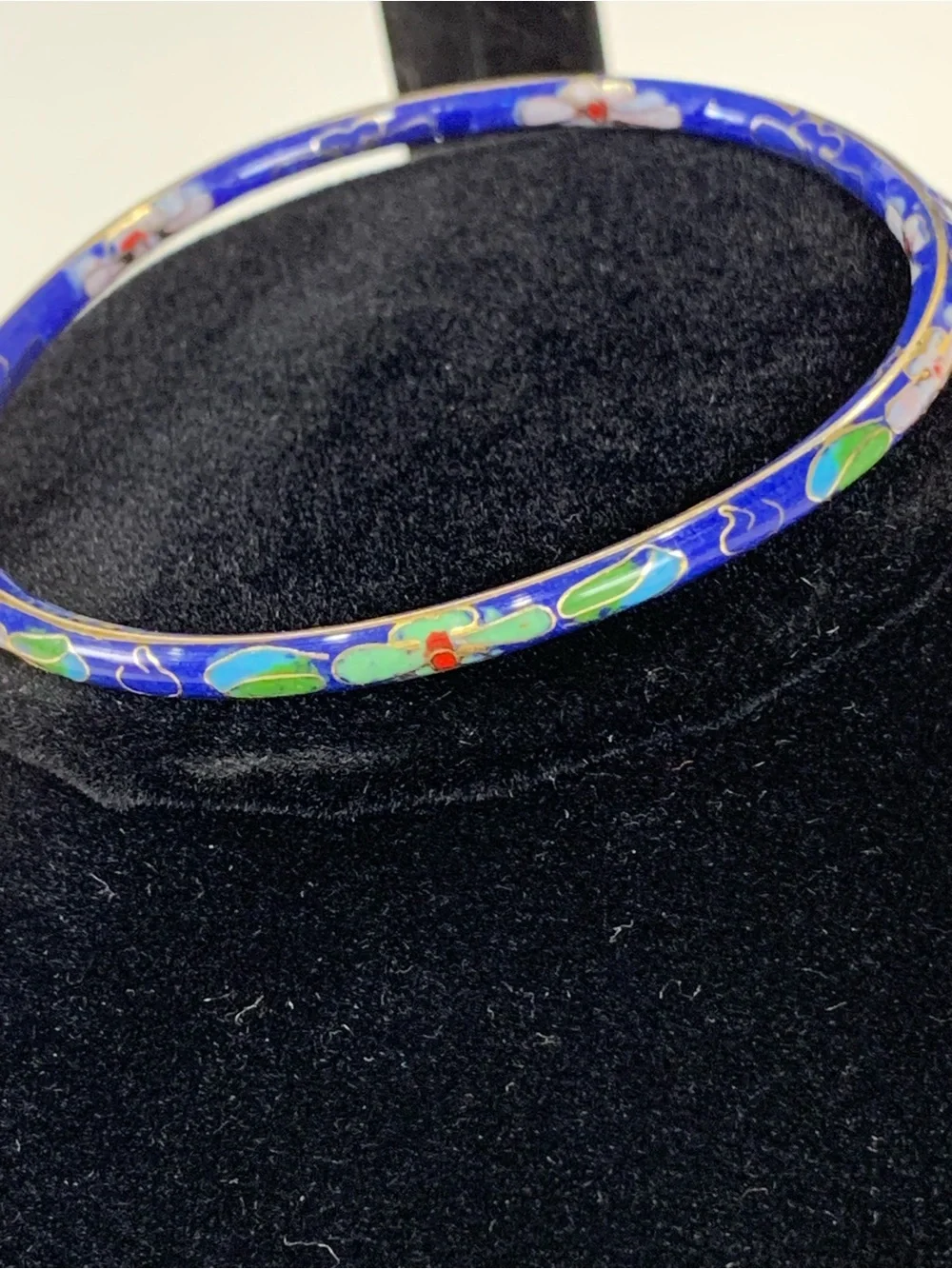 Vintage Cloisonné Bangle Bracelet Blue Floral